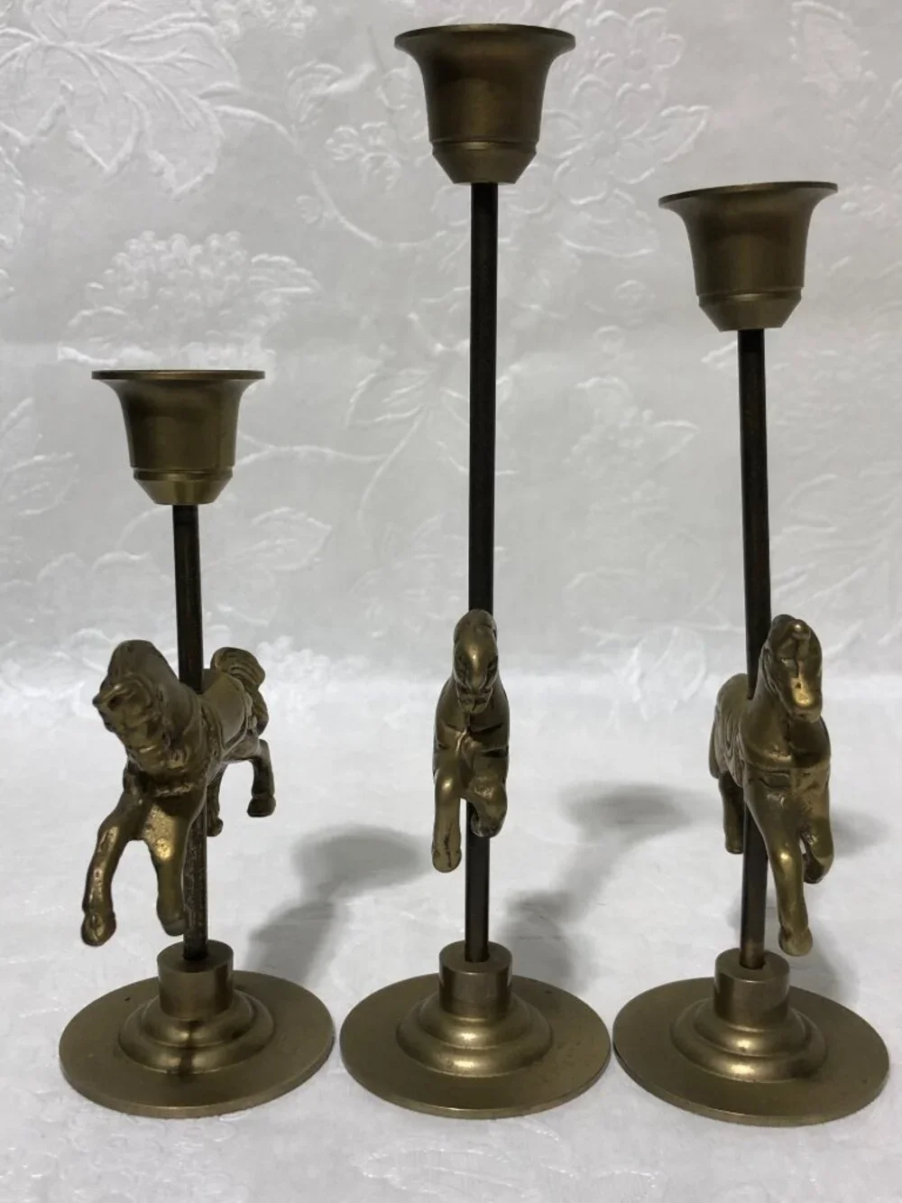 Vintage brass carousel horse candlestick holders set of 3